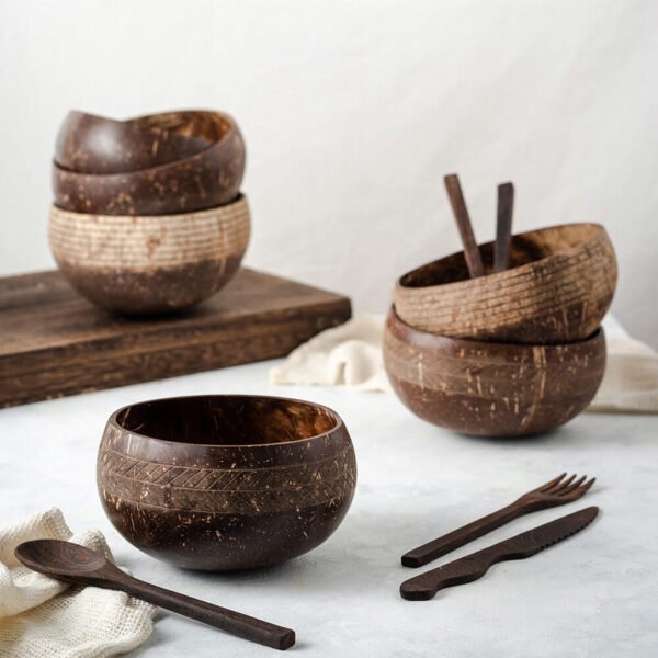 Kokosskål set 4-pack – Hållbart set med skedar & sugrör - Image 5